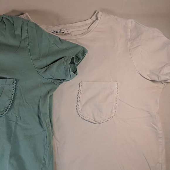 2 Zara T-Shirts Tops White Teal Blue Mint Green Pocket Detail Women's M Medium - Picture 3 of 16